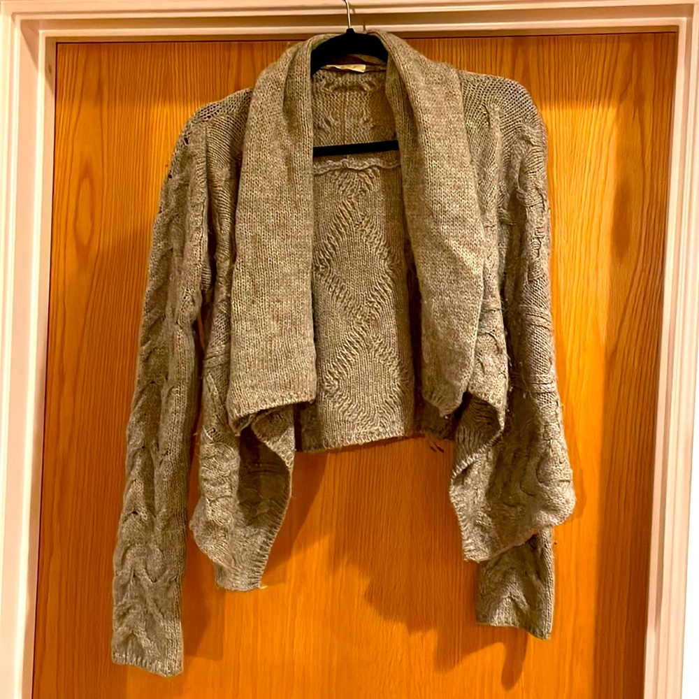 Oatmeal cropped, draped knit cardigan, wool-poly-alpaca blend